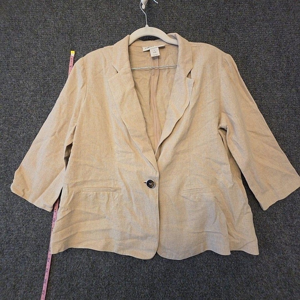 Carole Wren Blazer Womens L Beige Linen Rayon 3/4 Sleeve One Button Jacket